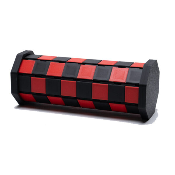 Travel chess and checker set in red and black. Board rolls up and becomes the carry car for the pieces.