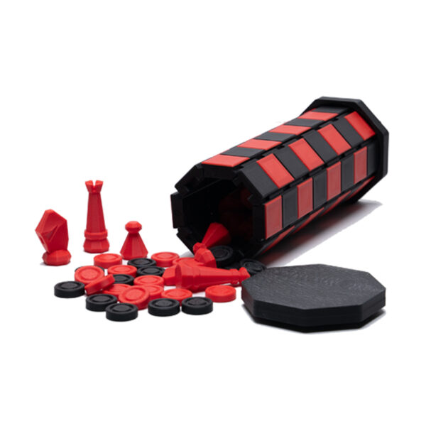 Travel chess and checker set in red and black. Board rolls up and becomes the carry car for the pieces.