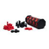Travel chess and checker set in red and black. Board rolls up and becomes the carry car for the pieces.