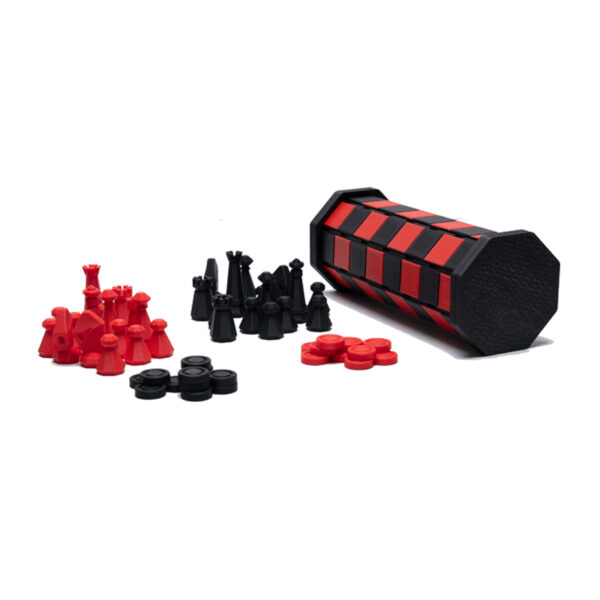 Travel chess and checker set in red and black. Board rolls up and becomes the carry car for the pieces.