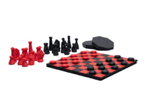 Travel chess and checker set in red and black. Board rolls up and becomes the carry car for the pieces.