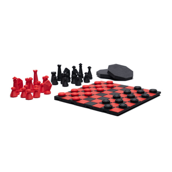 Travel chess and checker set in red and black. Board rolls up and becomes the carry car for the pieces.