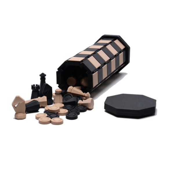 Travel Chess & Checker Set in Black and Tan. Rolled case becomes the game board.