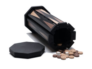 Travel Backgammon Set rolls up to hold pieces and lays flat for play.