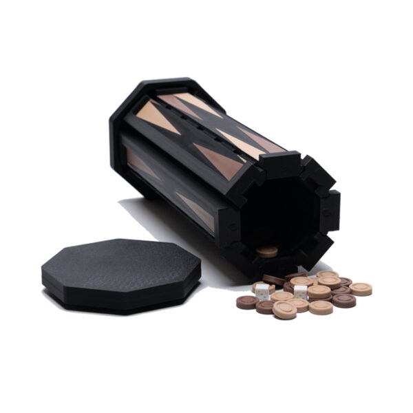 Travel Backgammon Set rolls up to hold pieces and lays flat for play.