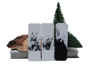 Three bookmarks depicting Bears sitting on books with wood and evergreen behind.