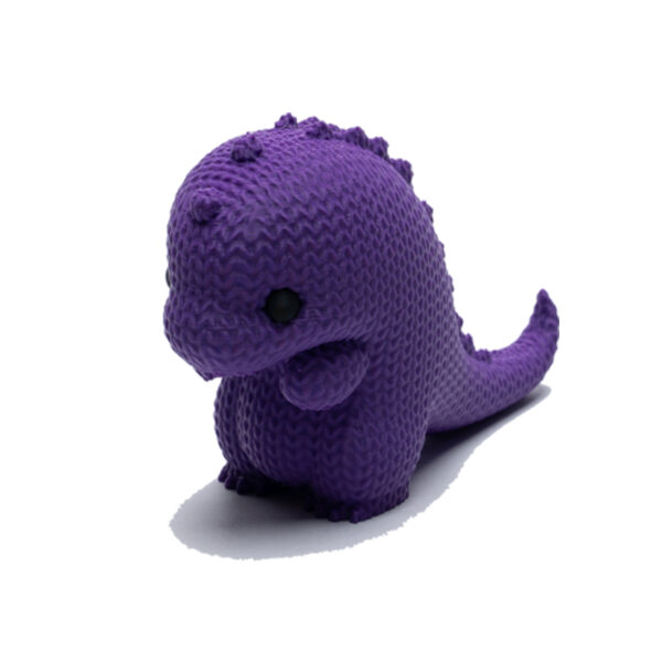 Purple little dinosaur toy with knitted texture.