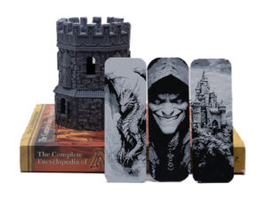 Dragon, Dark Elf and Gothic Castle on 3D printed texturized bookmarks.