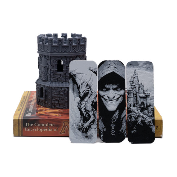 Dragon, Dark Elf and Gothic Castle on 3D printed texturized bookmarks.