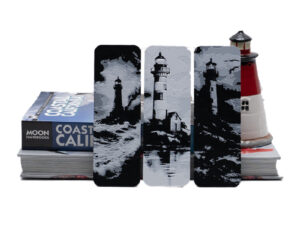 Set of 3 Lighthouse Bookmarks featuring textured art of lighthouses on stormy and calm seas.