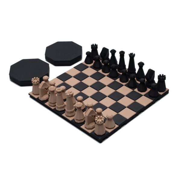 Travel chess set in black and tan. Board rolls up to becomes the case.