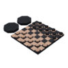 Travel checker set in black and tan. Shown setup. The board rolls up to become the case to store the pieces.