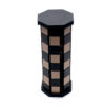 Travel chess set in black and tan. Pieces inside the rolled up case that becomes playing board.